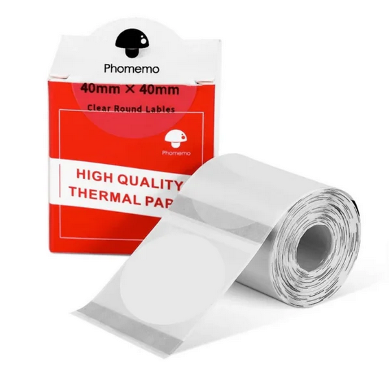 رول لیبل پرینتر حرارتی گرد شفاف فوممو سایز 40×40 میلی‌متر (180 عددی) – مدل Phomemo XY4040-180TT