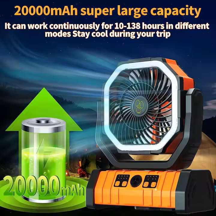 پنکه شارژی کمپینگ مدل F6 با چراغ LED و کنترل از راه دور | ظرفیت باتری 20000mAh - Image 3